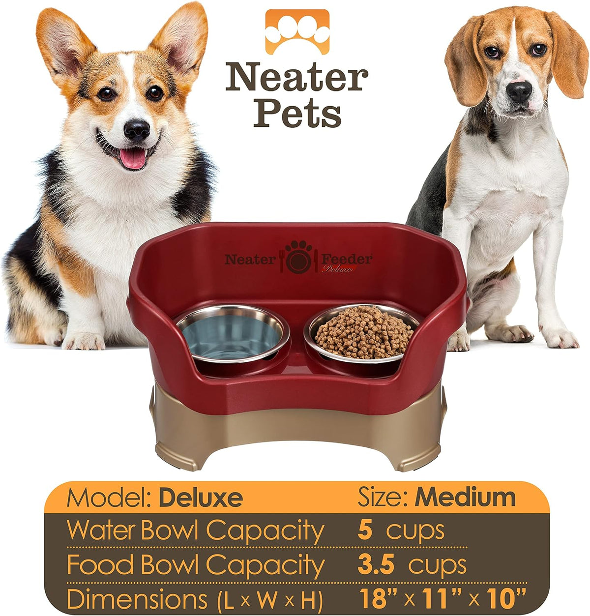 Neater Pet Brands Neater Feeder Deluxe Mess Proof Dog Bowls Elevated for Medium Dogs 19-40 lbs, Made in USA, No Spill Raised Dog Food Bowl Stand Feeding Station, Food and Water Bowl Set, Cranberry 