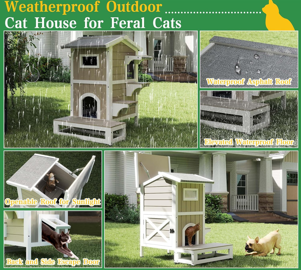 GoWoodHut Outdoor Cat House Weatherproof Cats Shelter for Feral Kitten Pet Houses for 1-2 Small Animlas 2 Story Wooden Houses for Indoor Outdoor Cats with Escape Doors (29.7" D x 22.8" W x 35.4" H)