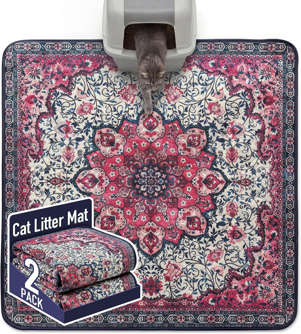 Hompet Cat Litter Mat 2 Pack, 54x54 Large Machine Washable Trapping Mats for Cats, Super Absorbent & Urine-Proof Cat Litter Box Mat for Floor, Waterproof & Non Slip Kitty Litter Rug