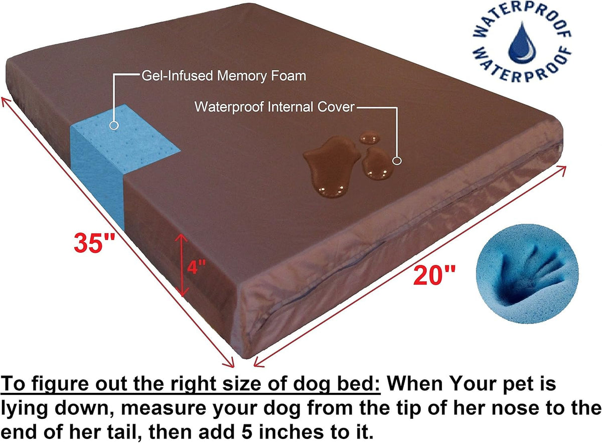 Dogbed4less Orthopedic Gel Cooling Memory Foam Dog Bed with Waterproof Liner and External Durable Suede Cover for Small to Medium Pet 35X20X4 Inches