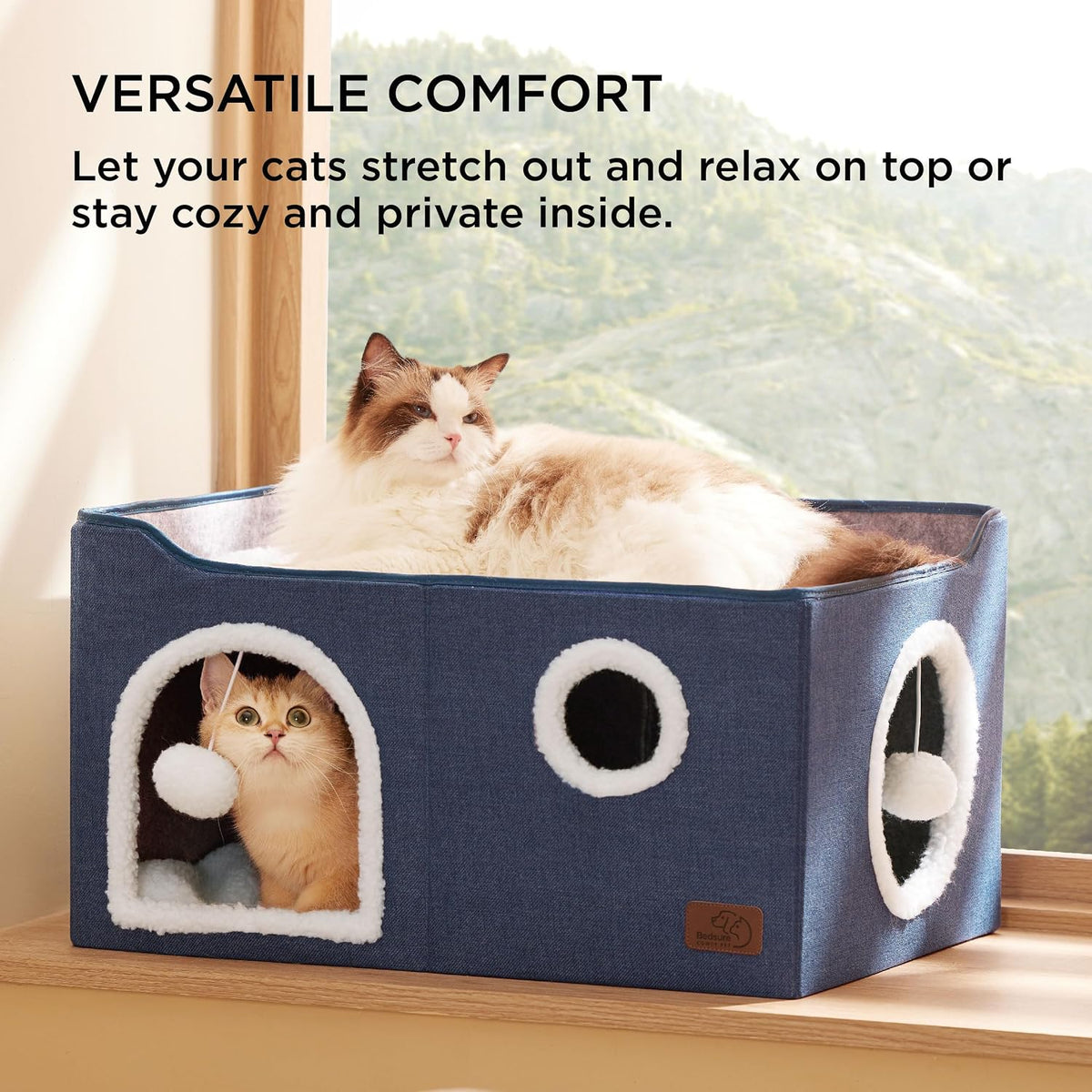 Bedsure Extra Wide Cat House Bed with Fluffy Ball and Scratch Pad,Blue
