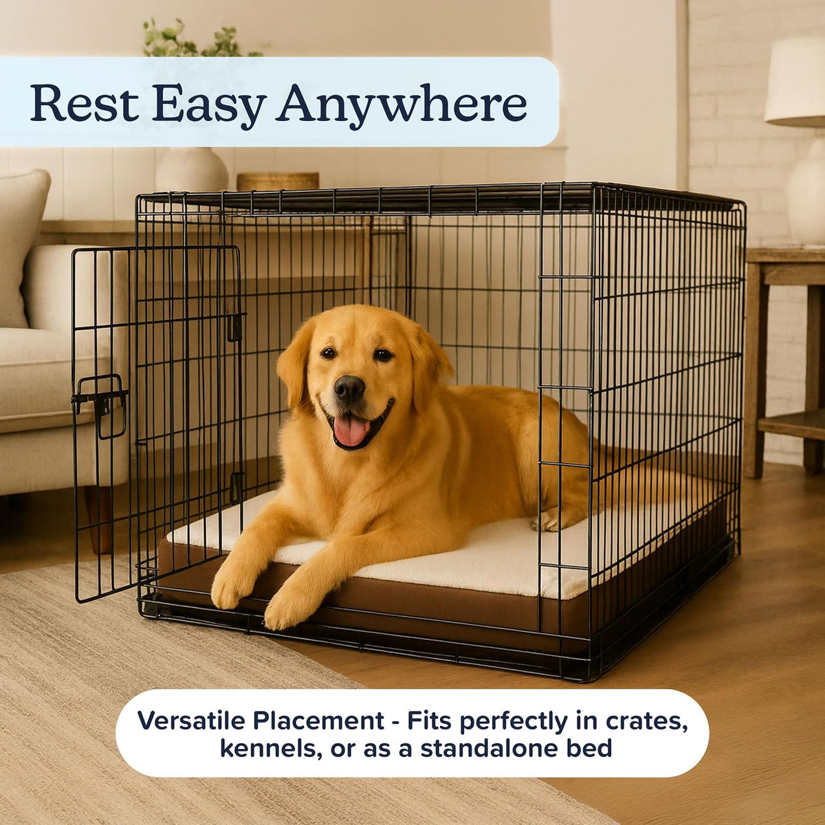 Orthopedic Dog Bed - 2-Layer Memory Foam Crate Mat with Machine Washable Sherpa Cover - 36x27 Pet Bed for Large Dogs Up to 65lbs by PETMAKER (Brown)