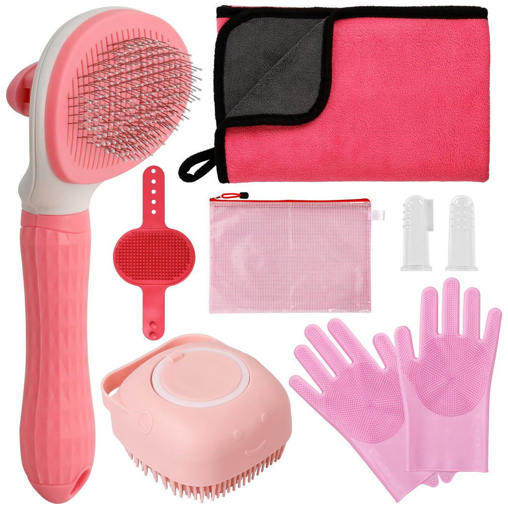 Dog Bathing Supplies Pet Grooming Set Kit, Bath Washing Gloves, Towels, Shampoo Bath Brush, Finger-Sleeve Toothbrush, Pet Washing Kit, Suitable for Dogs and Cats 9-Piece (Pink)