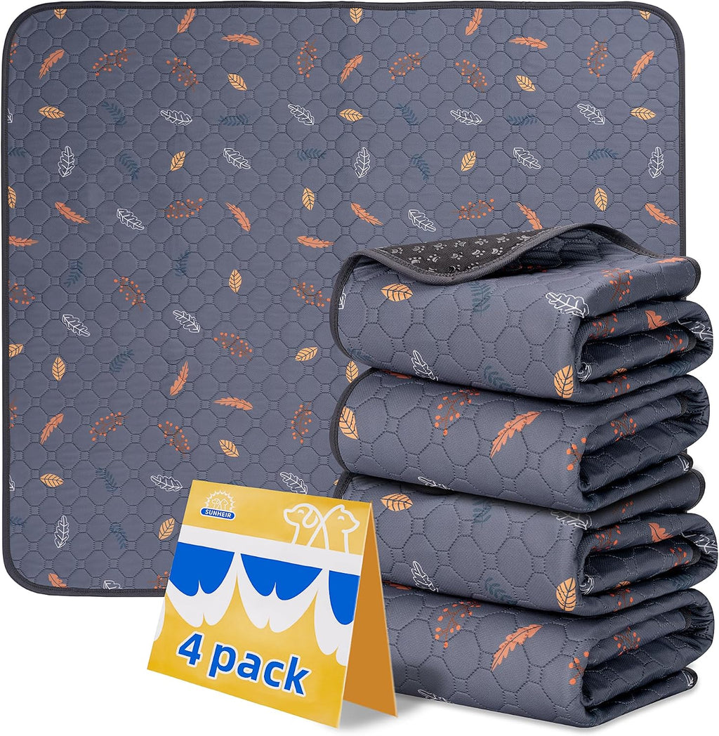 Sunheir Washable Pee Pads for Dogs 4-Pack Reusable Puppy Pads, Pet Cat Pads | Waterproof Dog Pee Pads for Crate, Thick Super Absorbent, Leak-Proof & Non-Slip, Whelping Pad (Leaves - Deep Grey, 18x24)