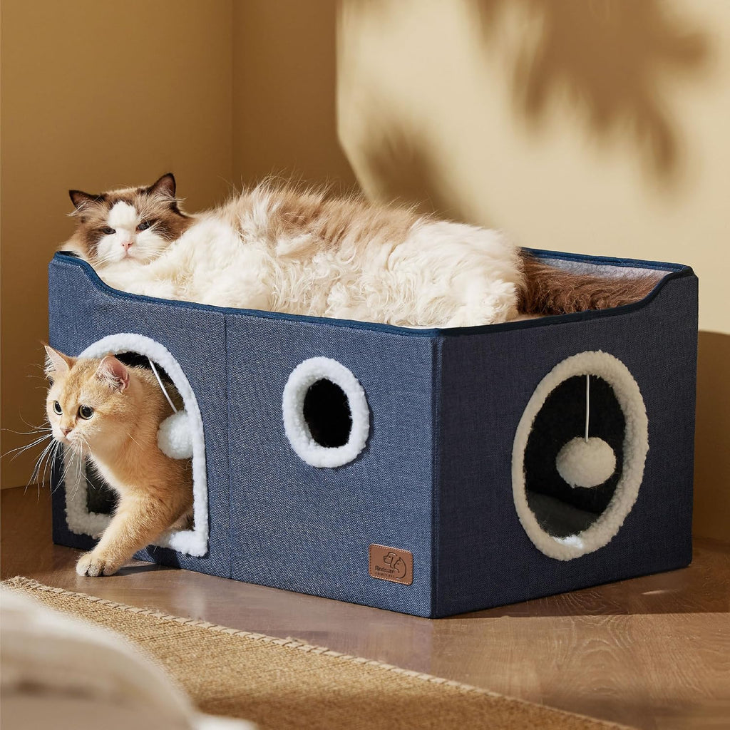 Bedsure Extra Wide Cat House Bed with Fluffy Ball and Scratch Pad,Blue