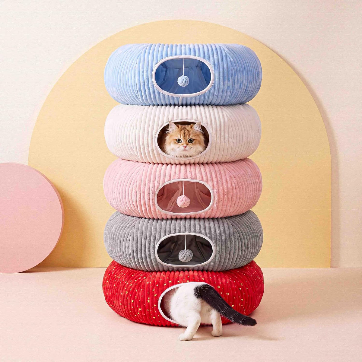Cat Tunnel Bed with 40 Pcs Interactive Cat Toys, Pink