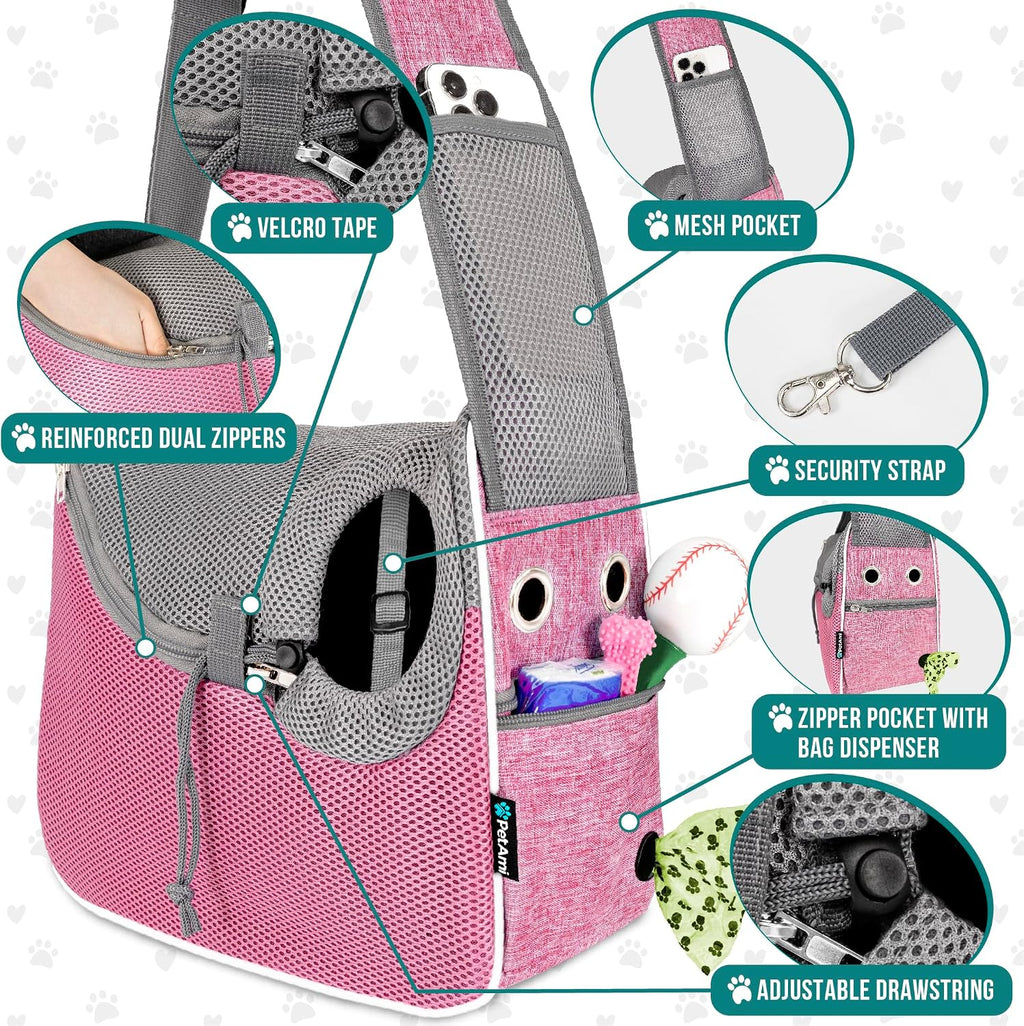 PetAmi Dog Sling Carrier for Small Dogs, Hands Free Crossbody Carrier, Pink