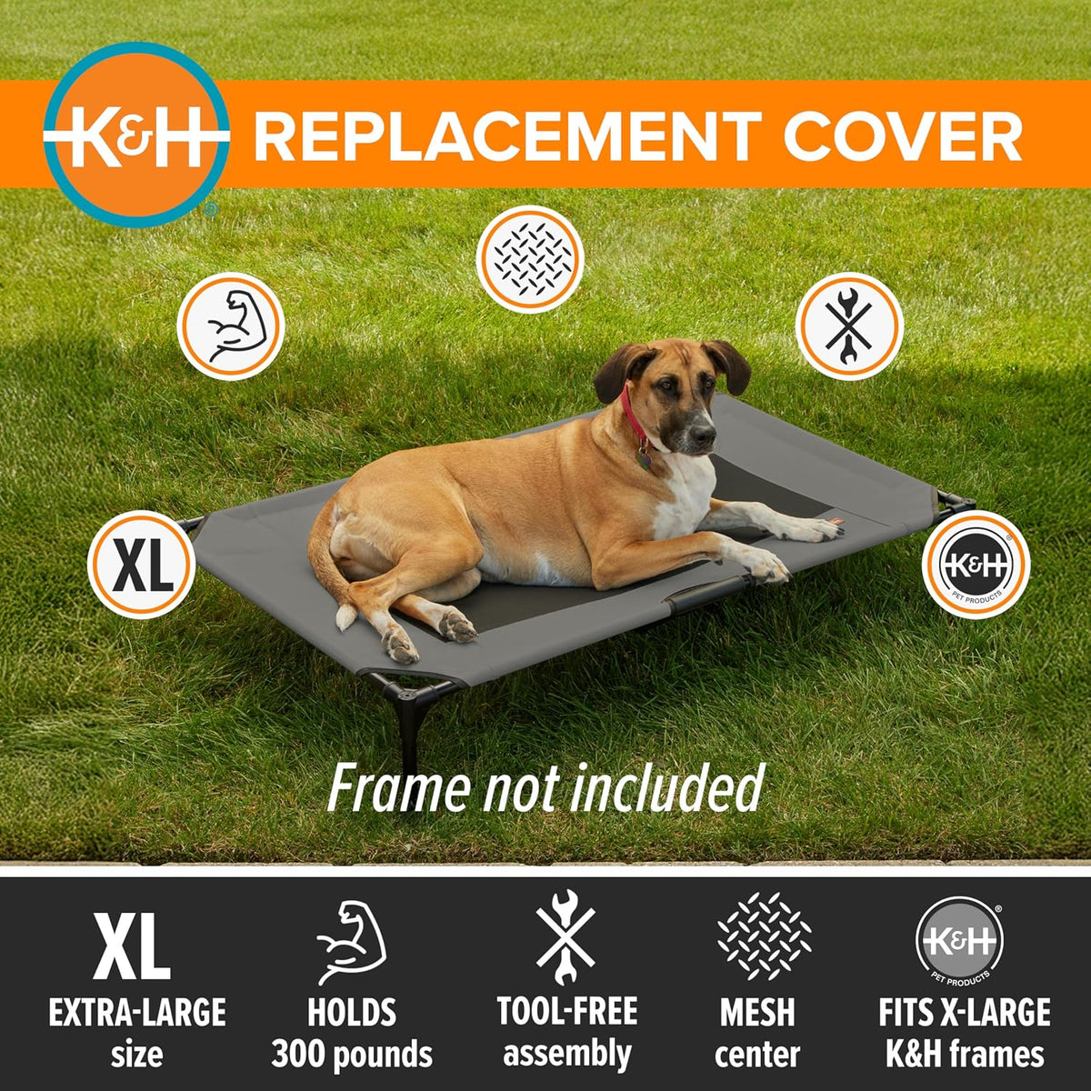 K&H Outdoor Elevated Dog Bed Pet Cot Replacement Cover, XL 50x32in, Gray