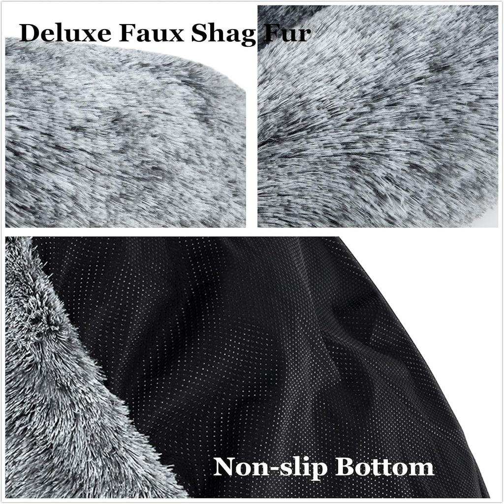 Coohom Oval Calming Donut Cuddler Dog Bed,Shag Faux Fur Cat Bed Washable Round Pillow Pet Bed(30"/36"/43") for Small Medium Dogs (L(30"x24"x7"), Grey)