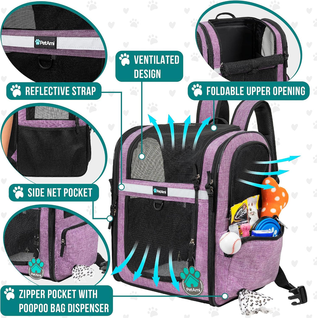 PetAmi Dog Backpack Carrier, 4-Way Entry Ventilated, 18 lbs, Purple