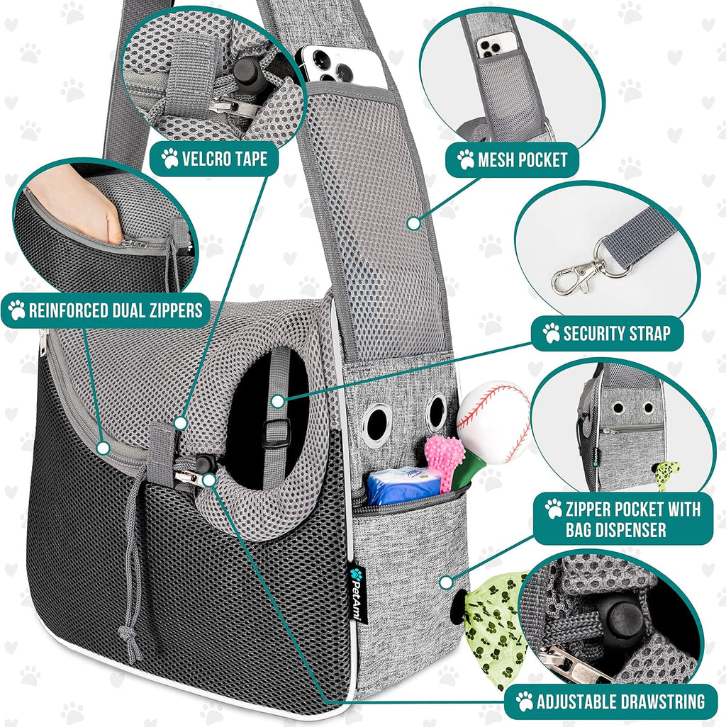 PetAmi Dog Sling Carrier for Small Dogs, Hands Free Crossbody Carrier, Gray