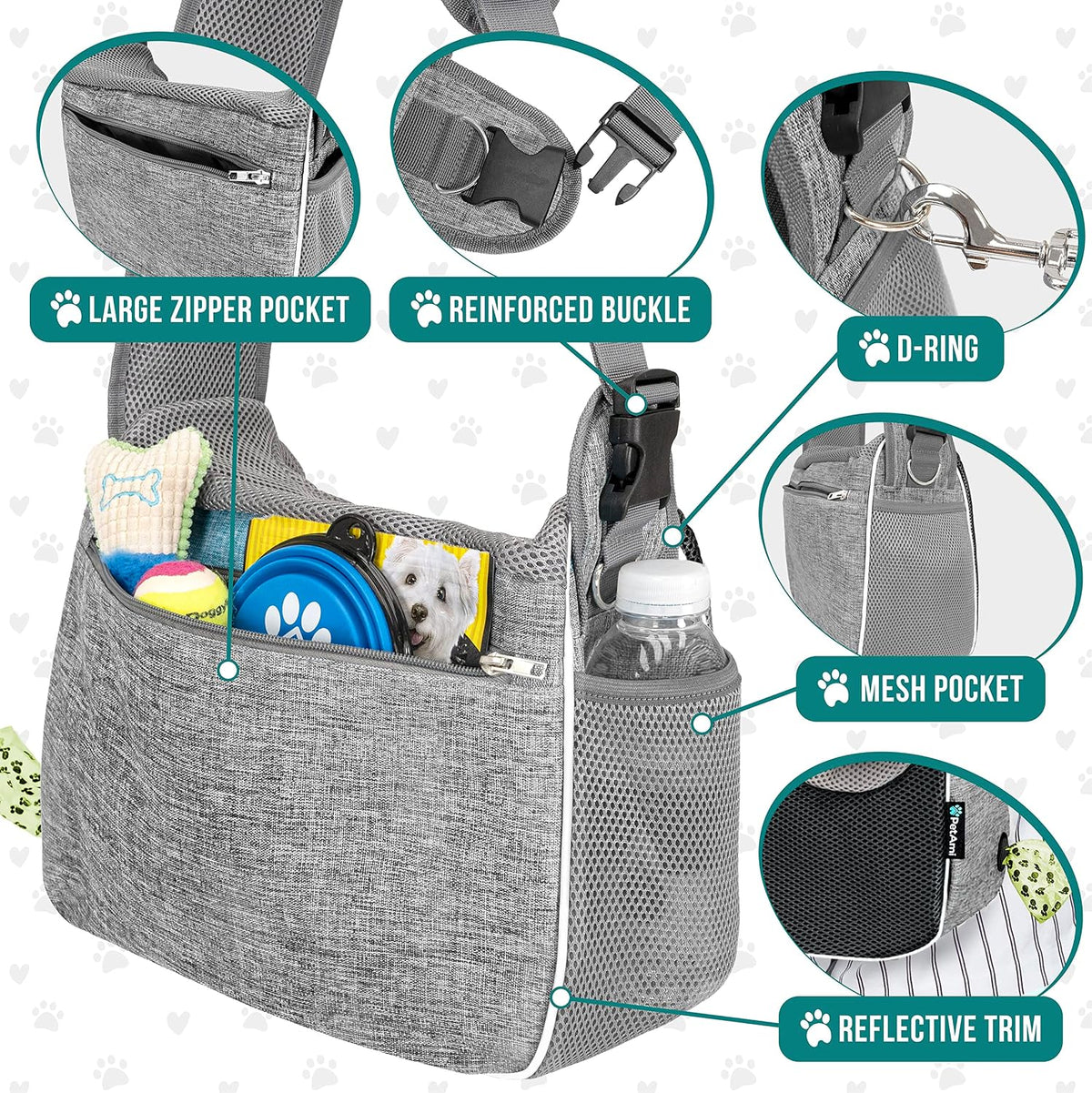 PetAmi Dog Sling Carrier for Small Dogs, Hands Free Crossbody Carrier, Gray
