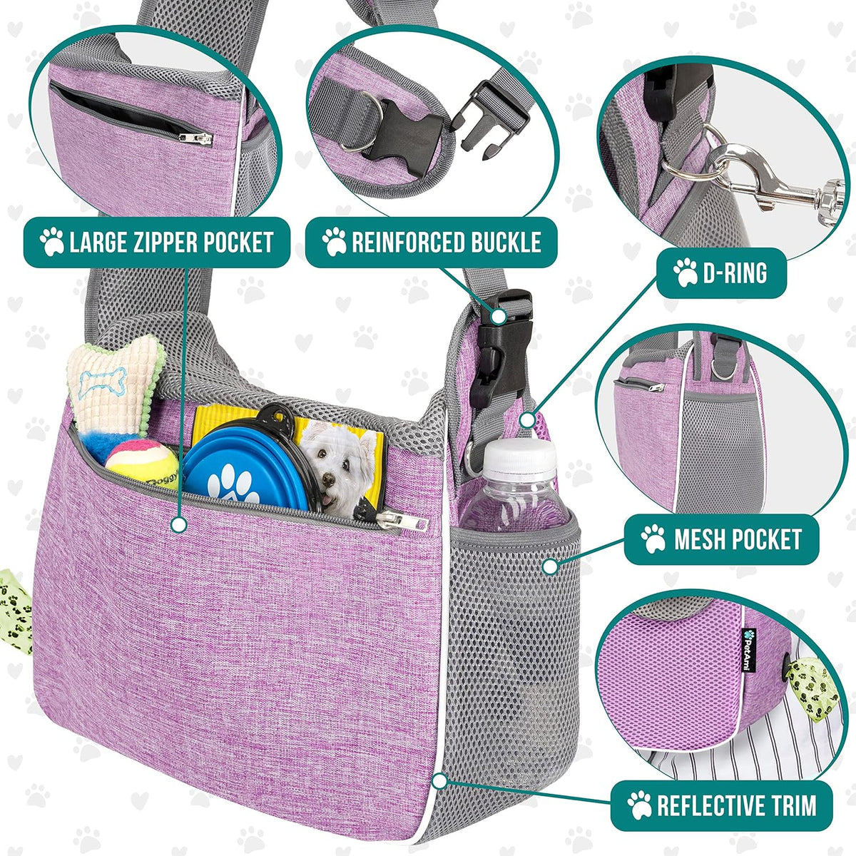 PetAmi Dog Sling Carrier Small Dogs, Hands Free Crossbody Carrier, Purple