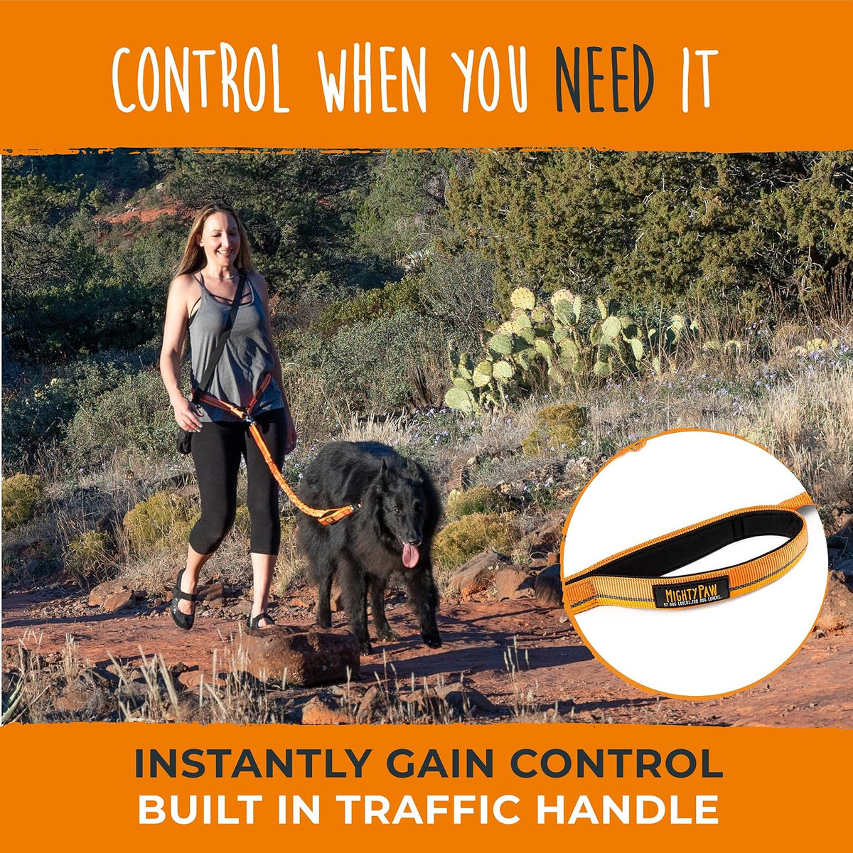 Mighty Paw Hands Free Dog Leash | Bungee Waist Leash for Dog Walking. Pet Running Hands Free Tether for Large, Medium & Small Breeds. Pet Waist Belt (36" - 48") Up to 150 lbs - Orange