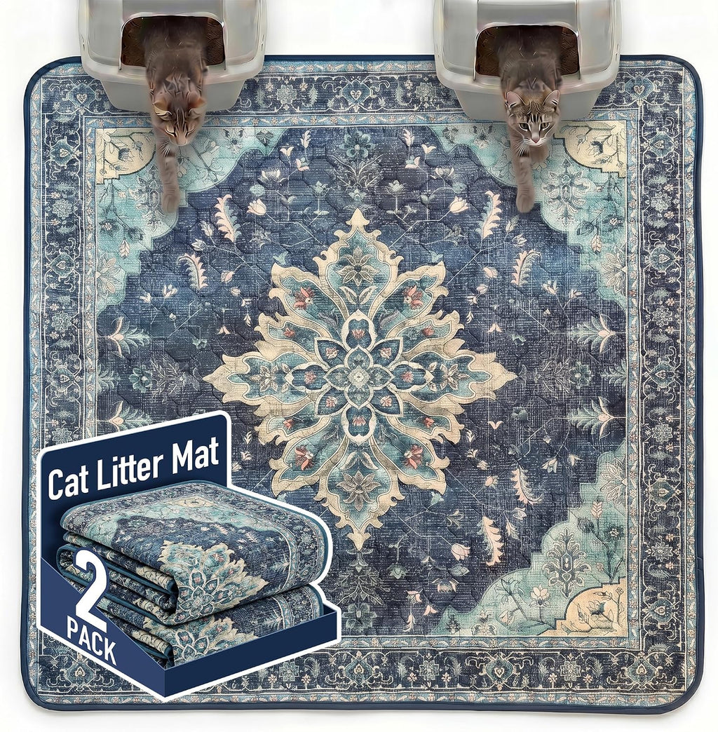 Hompet Cat Litter Mat 2 Pack, 72x72 Large Machine Washable Trapping Mats for Cats, Super Absorbent & Urine-Proof Cat Litter Box Mat for Floor, Waterproof & Non Slip Kitty Litter Rug