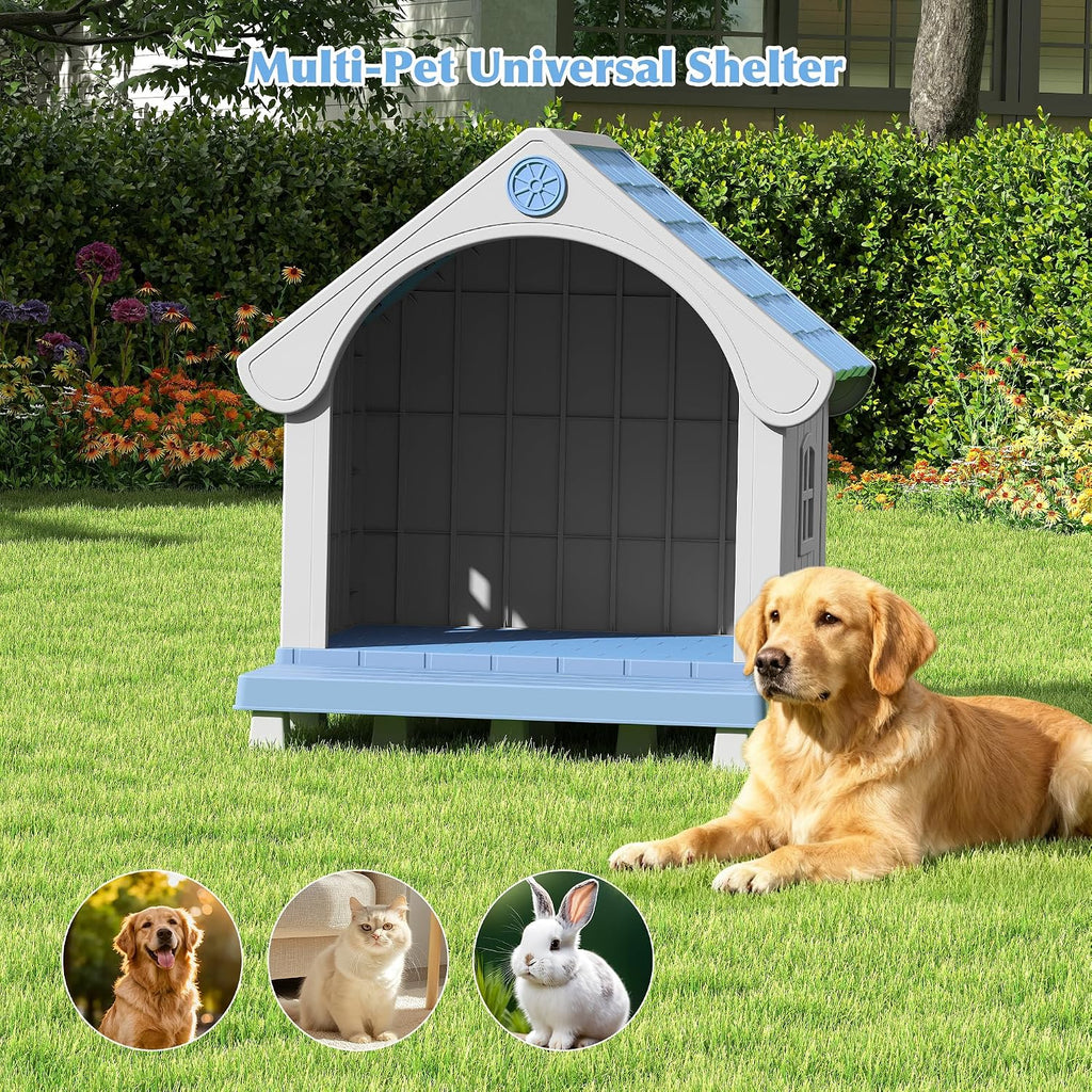 Bifanuo Dog House Outdoor Weatherproof with Porch for Small Medium Dogs, Durable Plastic Pet House with Sloping roof and Elevated Floor, Easy Cleaning and Assemble (Blue, 32.95"D x 31.5"W x 37.88"H)