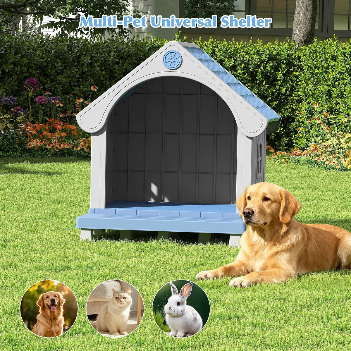 Bifanuo Dog House Outdoor Weatherproof with Porch for Small Medium Dogs, Durable Plastic Pet House with Sloping roof and Elevated Floor, Easy Cleaning and Assemble (Blue, 32.95"D x 31.5"W x 37.88"H)
