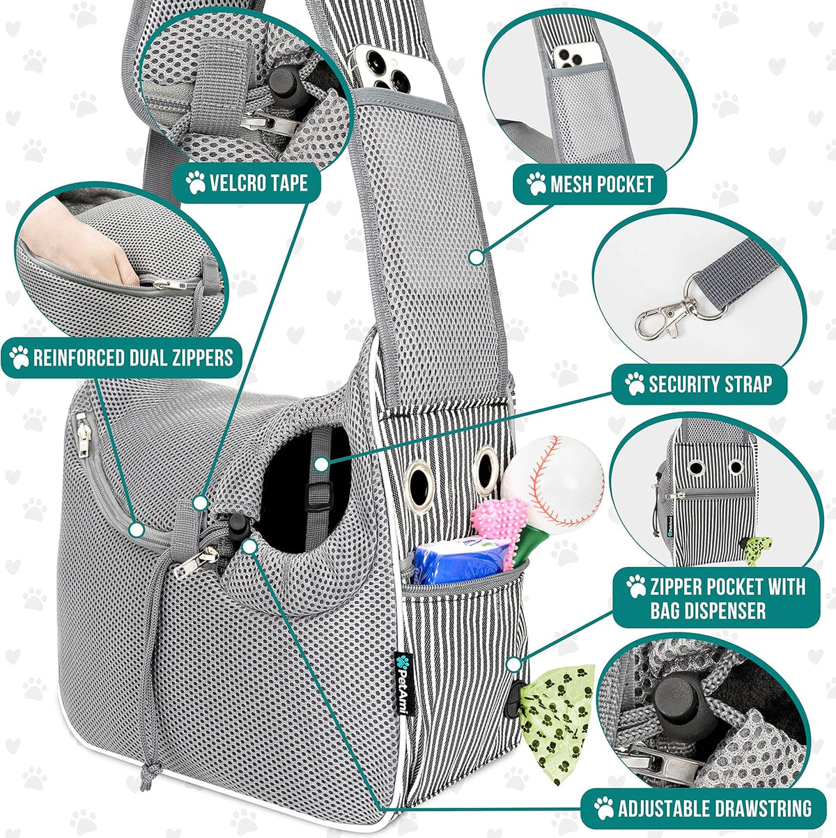 PetAmi Dog Sling Carrier Small Dogs, Hands Free Crossbody Carrier, Stripe
