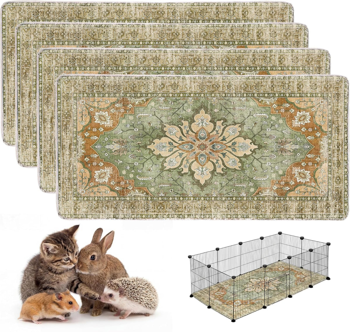 4PACK Washable Guinea Pig Pee Pads,Absorbent Reusable Guinea Pig Cage Liners,Waterproof,Leak-Proof & Non-Slip Potty Pads for Small Animals Rabbit Hamster Rat.(Green Floral,24"x48")