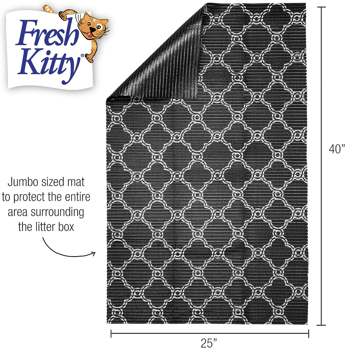 Fresh Kitty Durable XL Jumbo Foam Litter Box Mat – No Phthalate, Water Resistant, Traps Litter from Box, Scatter Control, Easy Clean Mats – Black & White 40"x 25", Black/White Quatrefoil (9036)