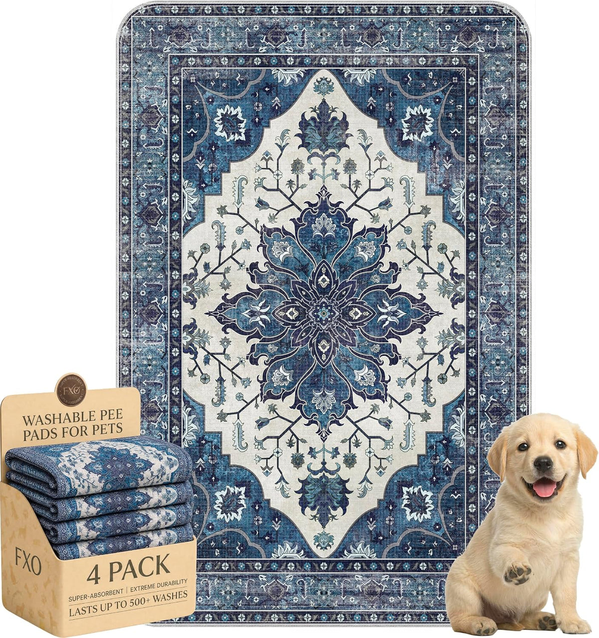 4PACK Washable Pee Pads for Dogs,Great Urine Absorbent Reusable Puppy Training Pads,Waterproof,Leak-Proof & Non-Slip Potty Pads for Whelping,Crate,Playpen,Bed.(Dark Navy Floral,24"x36")